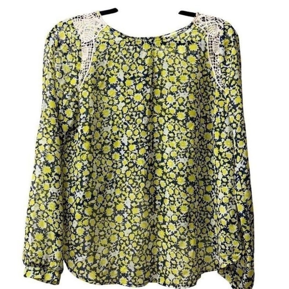 Lush Floral Crochet Lace Shoulder Blouse Semi Sheer Yellow Navy Long Sleeve L